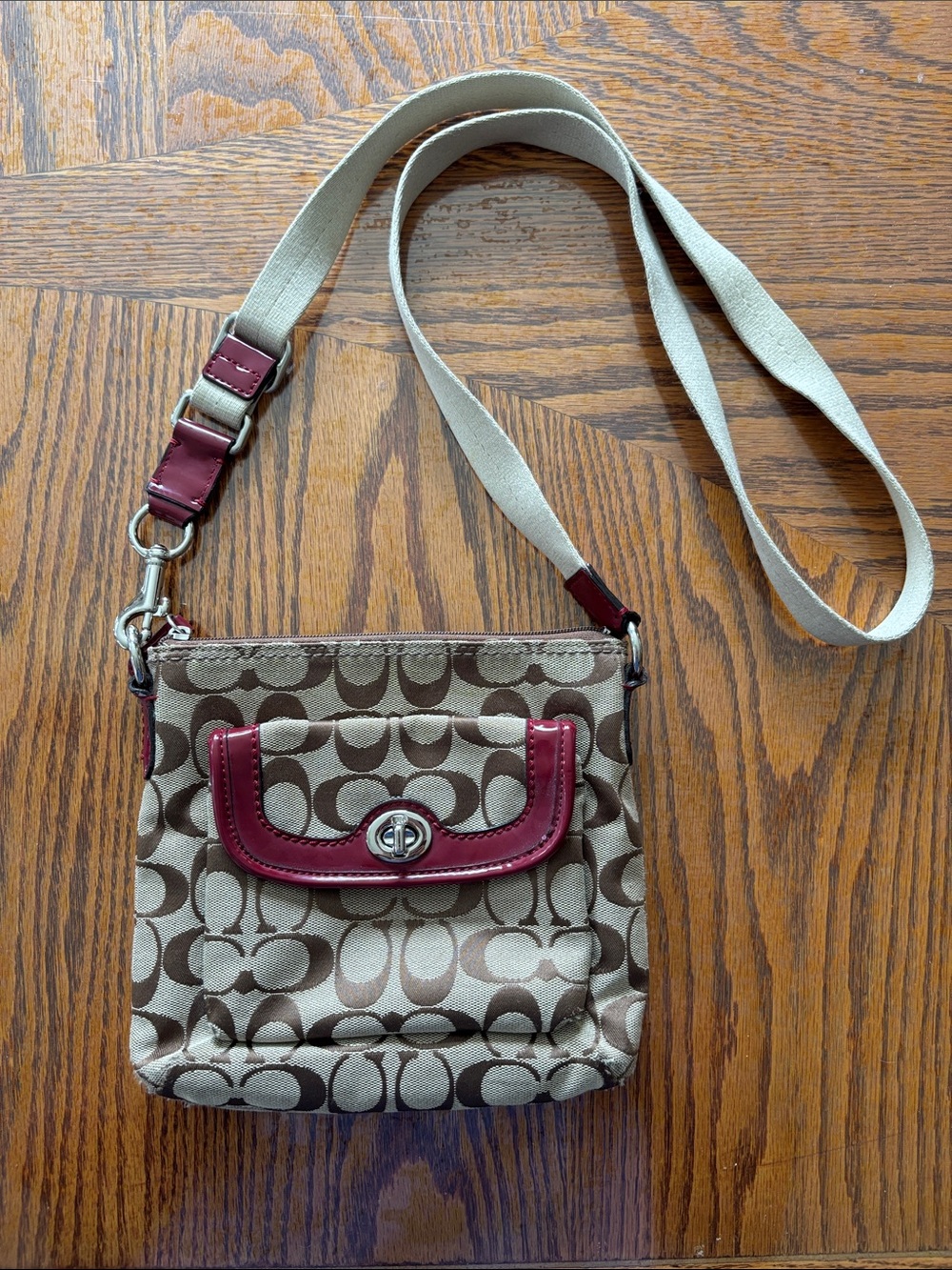 Coach Beige Canvas Crossbody with Burgundy Trim
